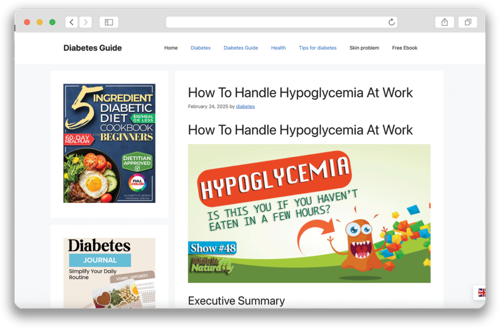 screen shot of a blog post reading “how to handle hypoglycemia at work”