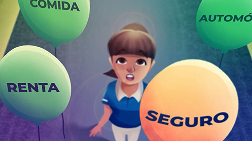 woman with balloons that say Seguro and Renta
